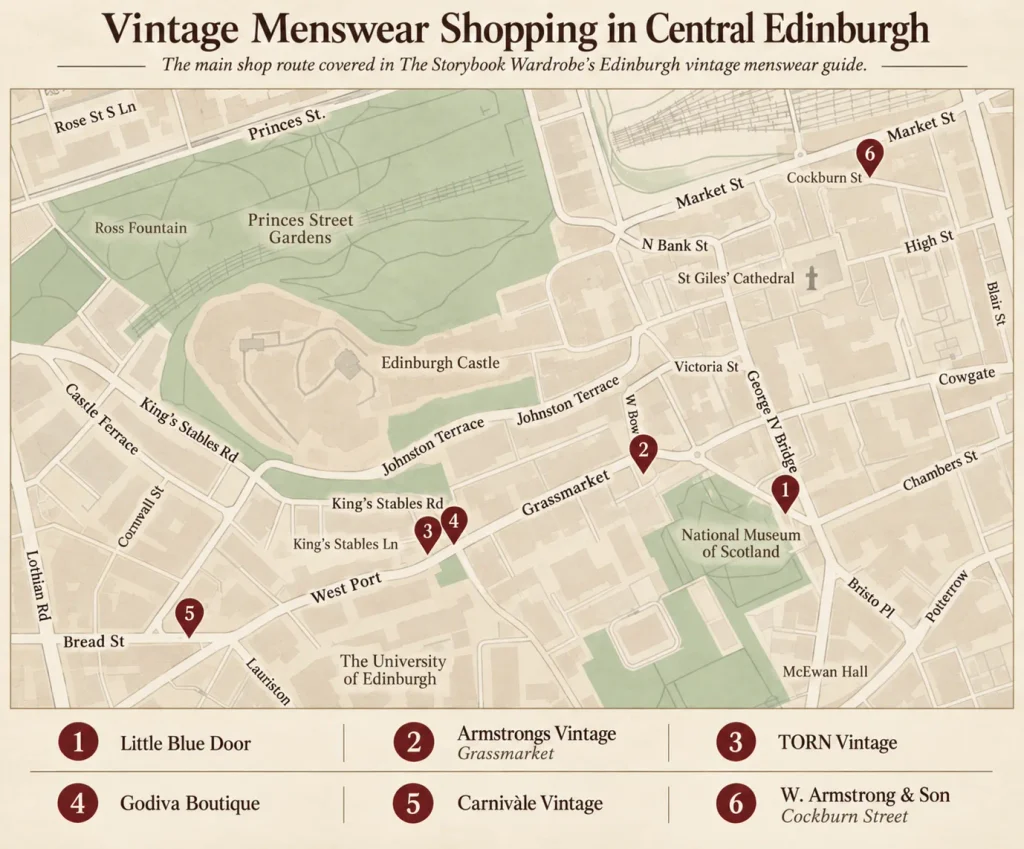 Map of central Edinburgh marking Little Blue Door, Armstrongs Vintage Grassmarket, TORN Vintage, Godiva Boutique, Carnivàle Vintage and W. Armstrong & Son Cockburn Street.