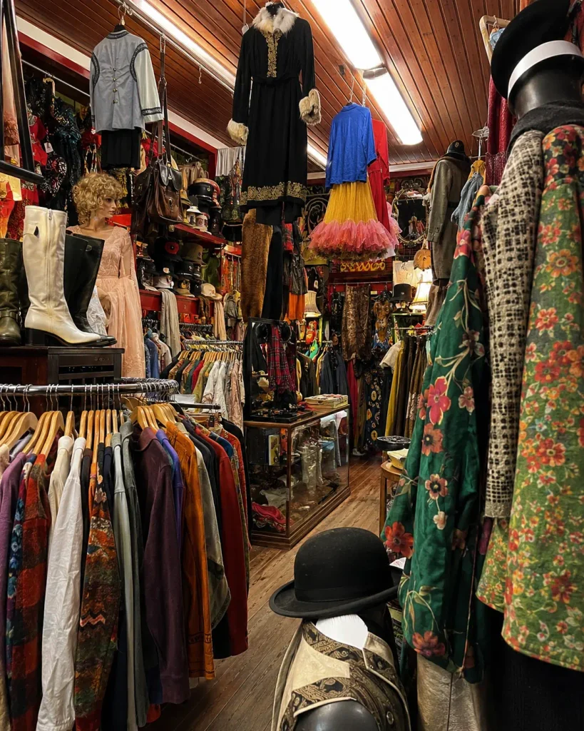 Crowded vintage shop interior with rails of colourful clothing, boots, hats and mannequins.