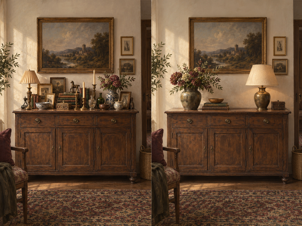 Side-by-side illustration of the same wooden cabinet crowded with many small objects and then edited to a few stronger pieces with clear empty space.