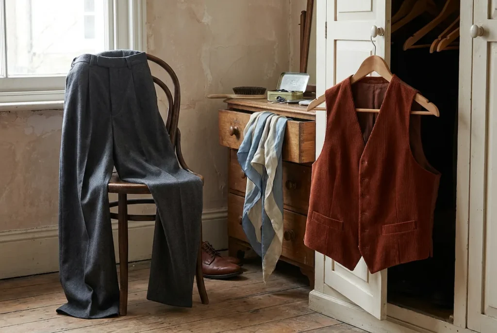 Fluid charcoal trousers draped over a chair beside a structured rust corduroy waistcoat, showing how different fabrics hold their shape.