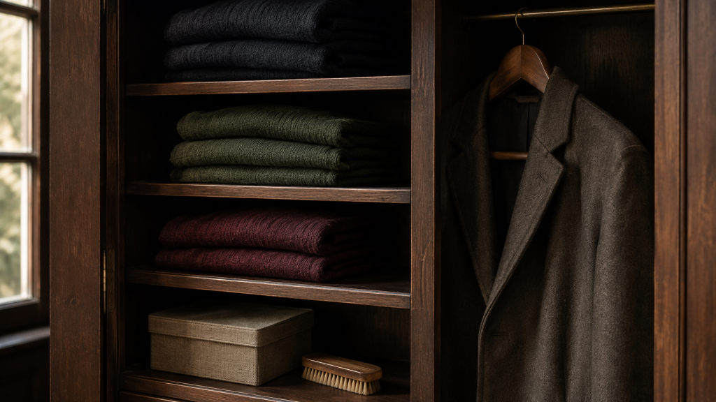Folded wool jumpers, a garment brush and a lidded storage box inside a wooden wardrobe.