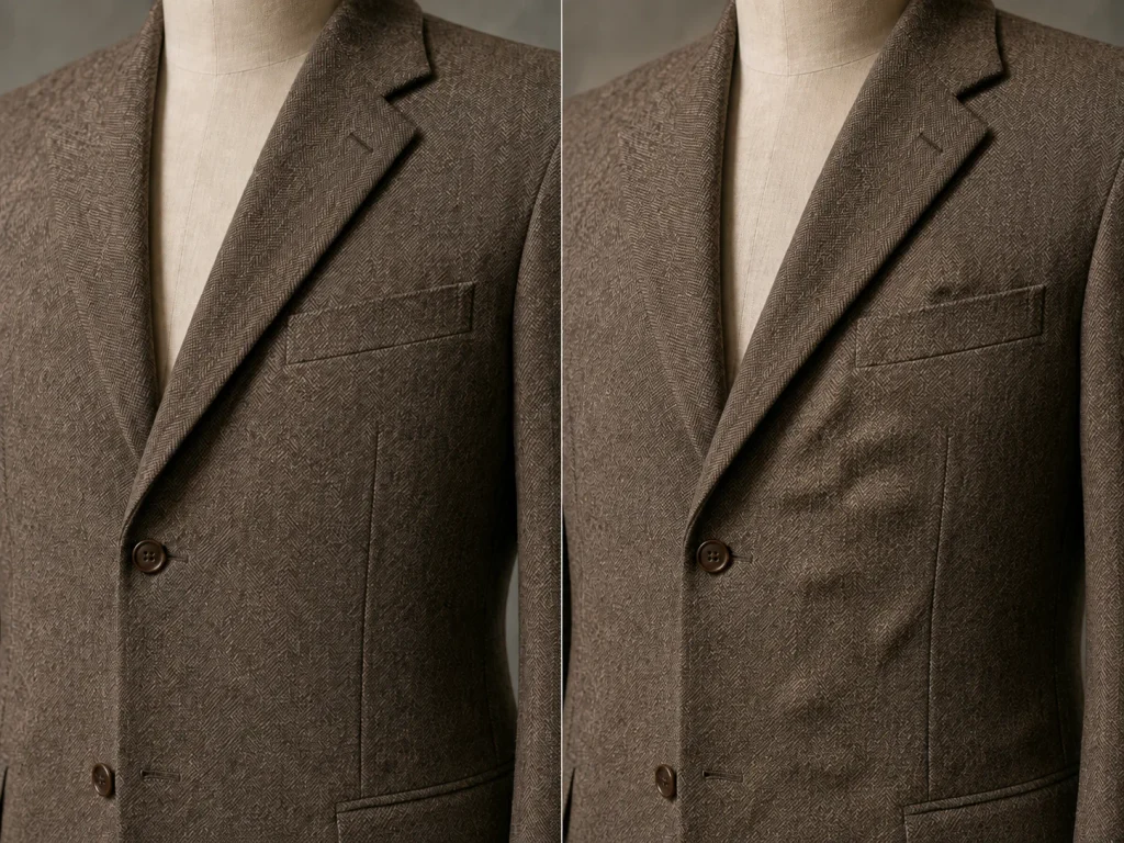 Comparison of a smooth tailored jacket front with one showing irregular bubbling across the cloth.
