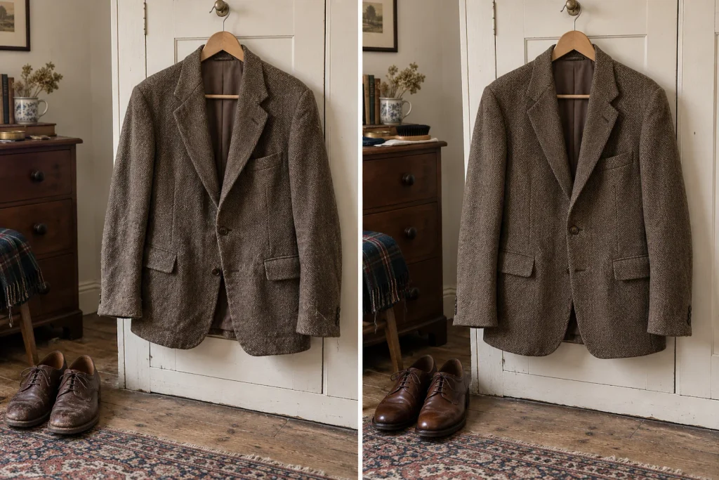 Before-and-after view of the same second-hand herringbone blazer and leather shoes, showing the effect of brushing, pressing and basic maintenance.