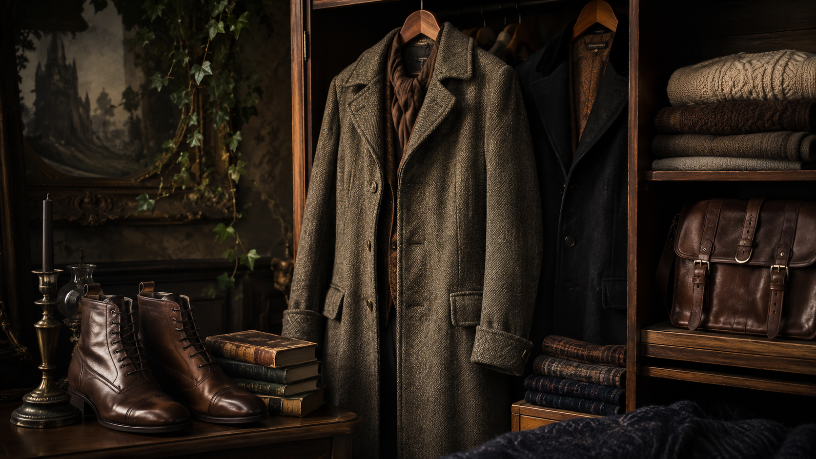 Vintage clothing, leather boots, books and a satchel arranged in a storybook-inspired wardrobe scene.