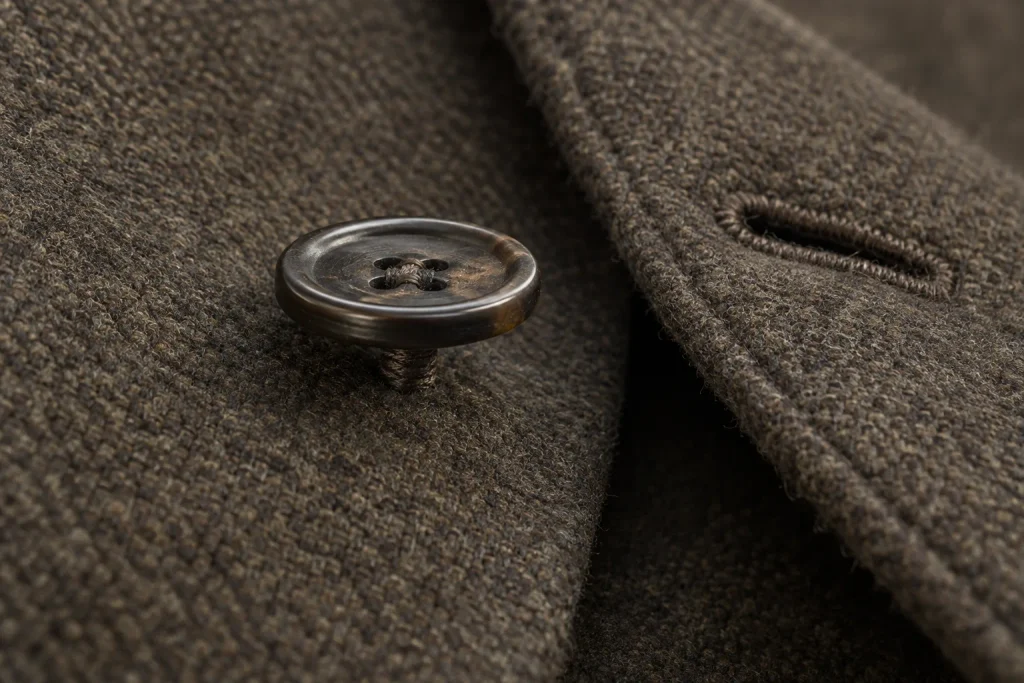 Close side view of a sew-through button on a heavy wool coat, showing the wrapped thread shank holding the button away from the cloth beside the buttonhole.
