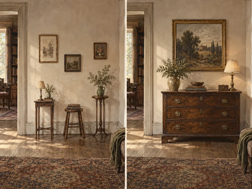 Side-by-side illustration comparing several small furniture pieces with one substantial wooden chest anchoring the same wall area.