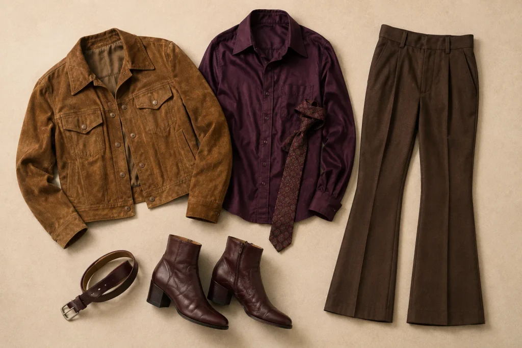Flat-lay of a tan suede jacket, plum shirt and patterned tie, chocolate flared trousers, oxblood belt and heeled ankle boots.