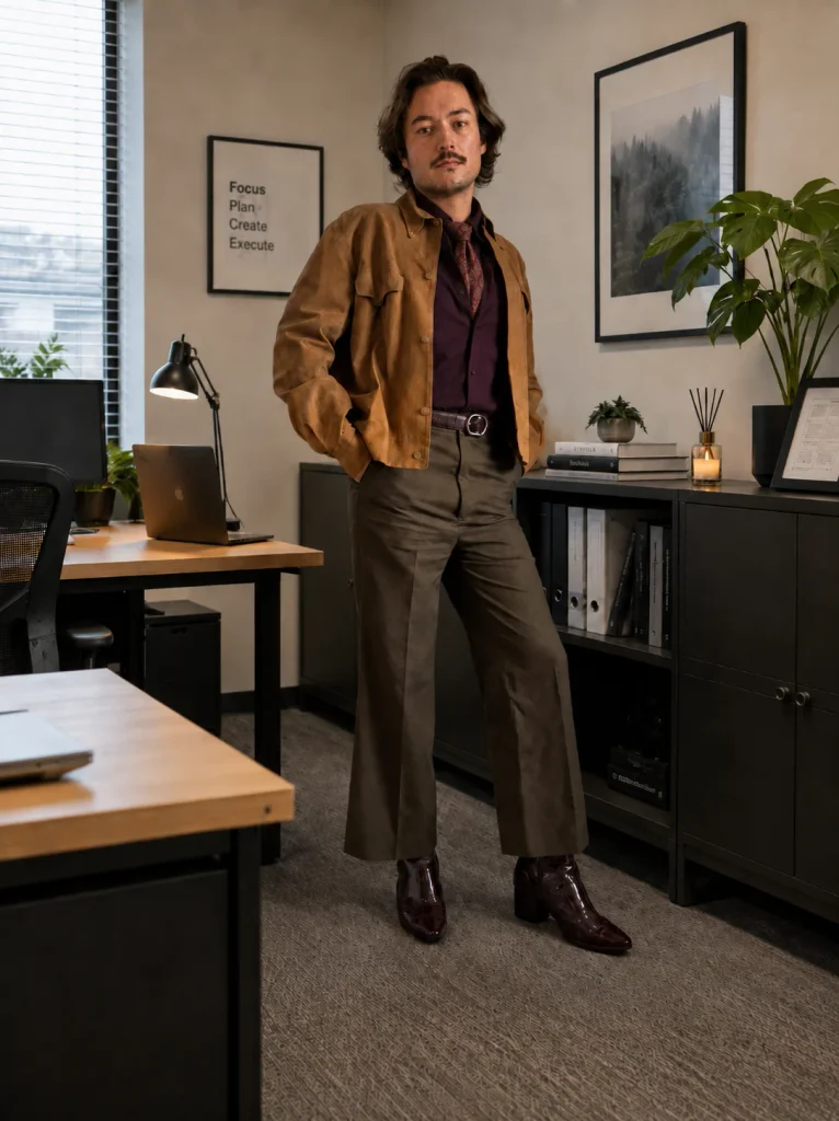 Full-length office outfit with a tan suede jacket, plum shirt and patterned tie, chocolate flared trousers and burgundy heeled boots.