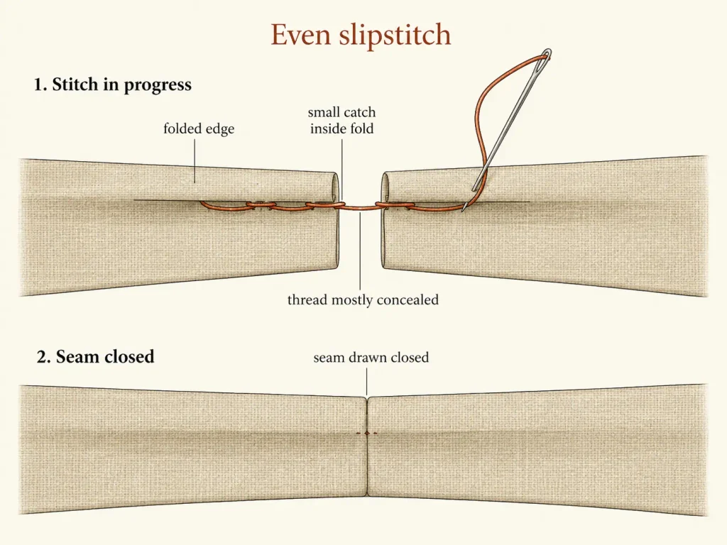 Diagram showing an even slipstitch in progress and the finished seam drawn closed, with thread mostly concealed inside the folded fabric edges.