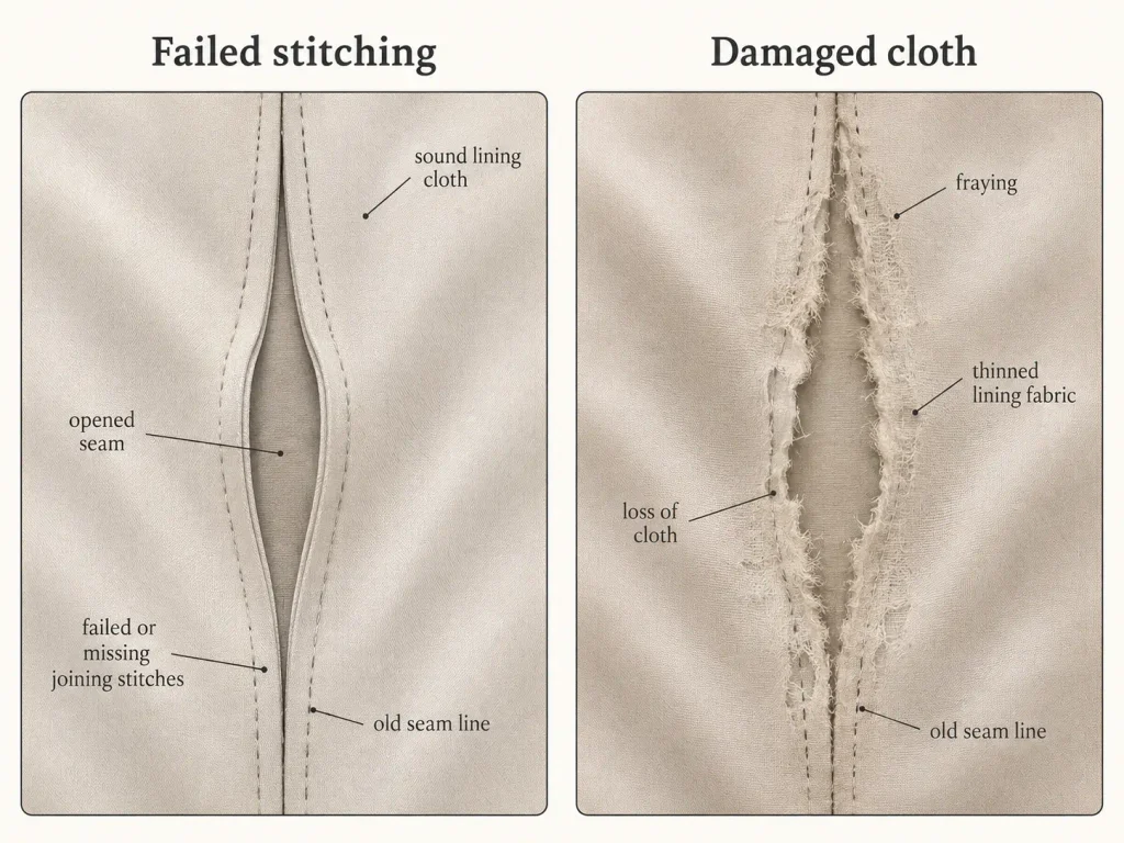 Side-by-side comparison of failed stitching and damaged cloth at a garment seam, showing an opened seam with missing stitches versus frayed and thinned lining fabric.