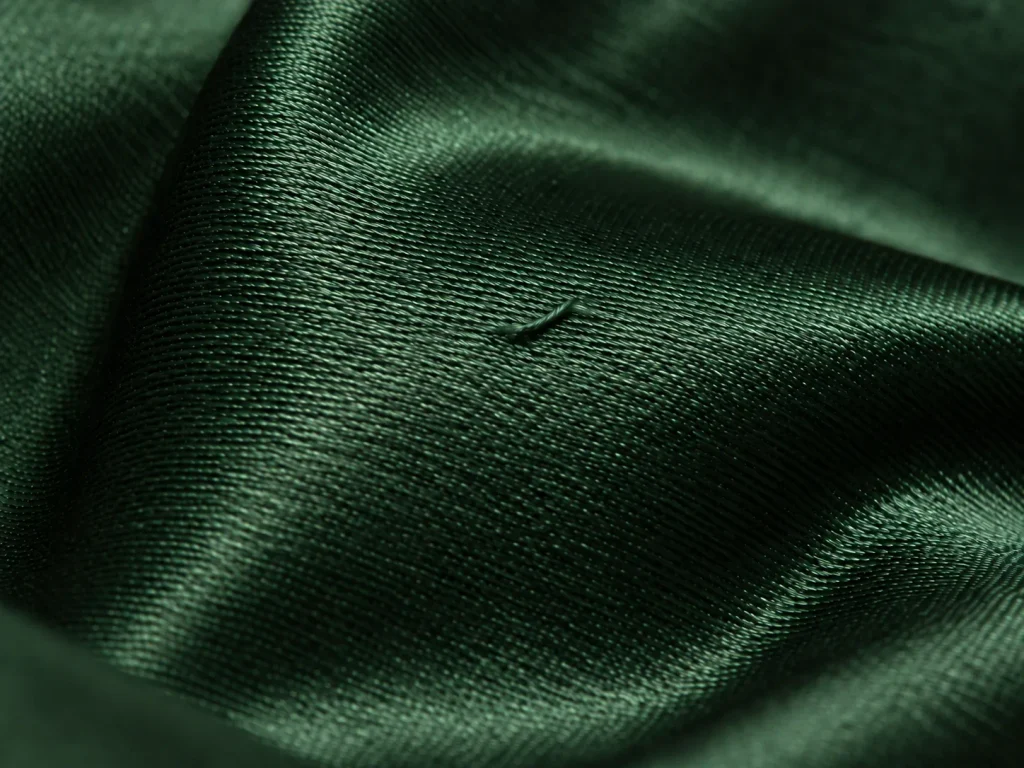 Macro close-up of green satin with one surface thread snagged and lifted out of alignment.