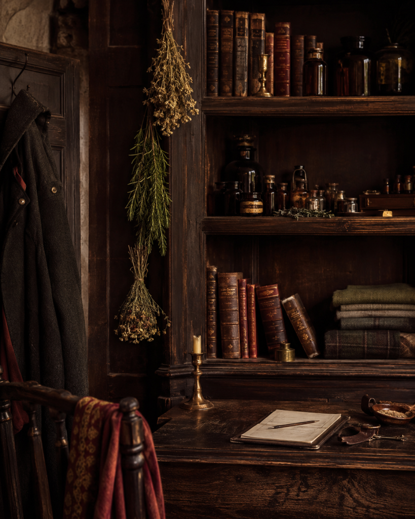 Old-world study with books, amber bottles, dried herbs and warm lamplight.