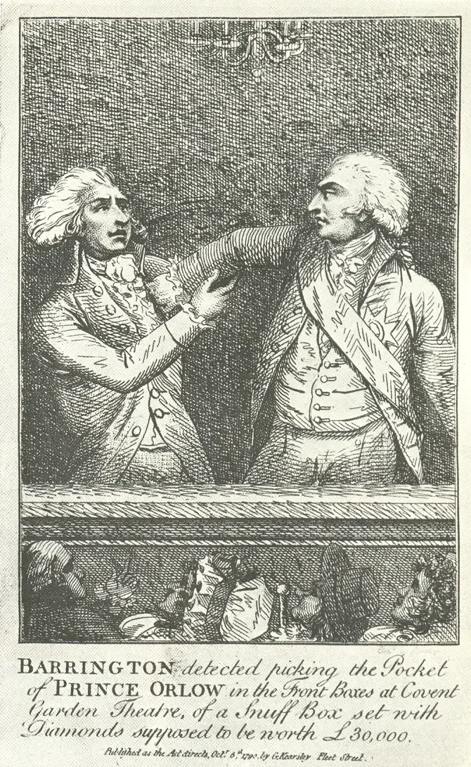 George Barrington being apprehended while picking an aristocrat’s pocket at Covent Garden Theatre, 1790.