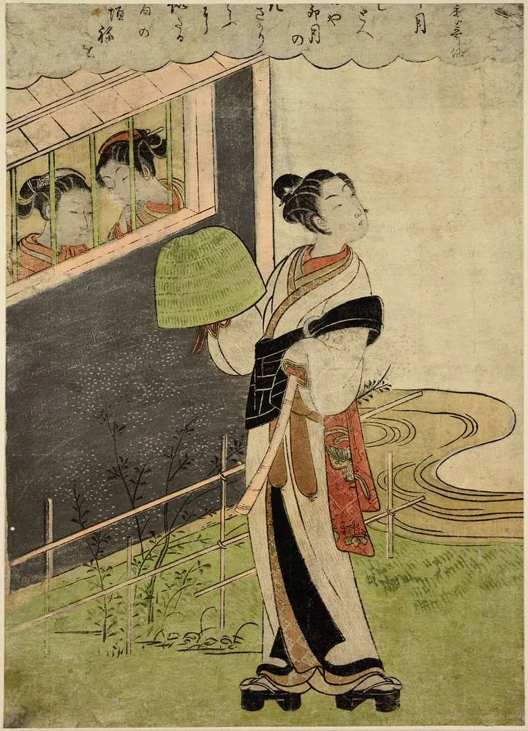 Young man dressed as a komusō holding a deep basket hat, in a 1769 print by Suzuki Harunobu.