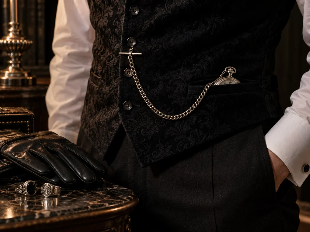 Albert watch chain fastened through a dark waistcoat buttonhole with a pocket watch, gloves and silver rings.
