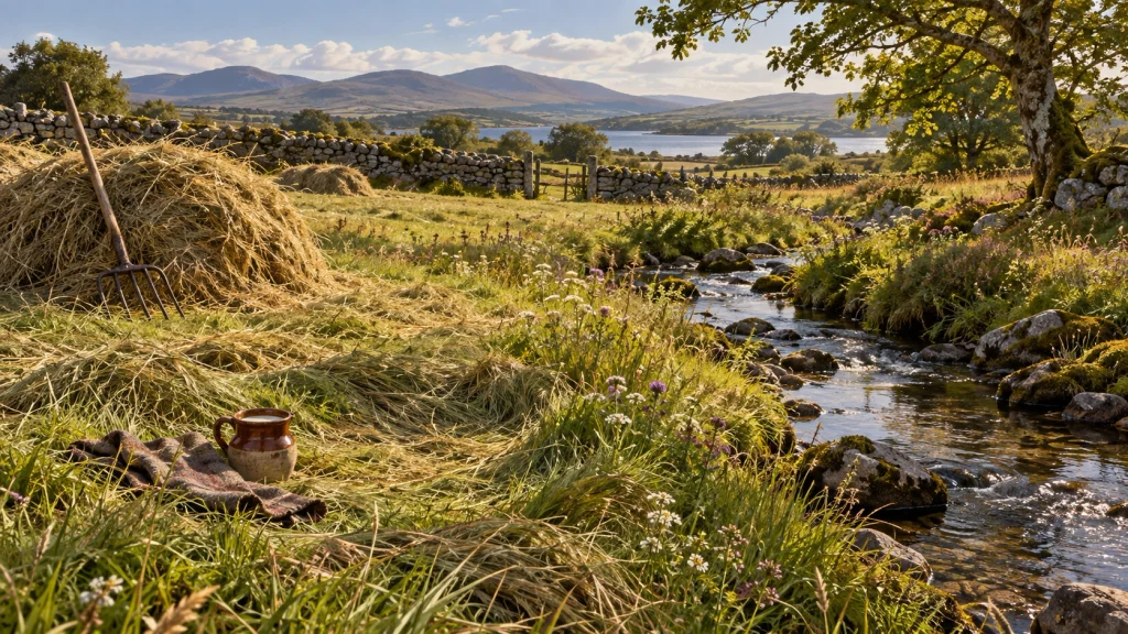 A sunlit Irish hay meadow beside a clear stream, with freshly cut grass, a hay pile, pitchfork and earthenware jug resting near the bank.