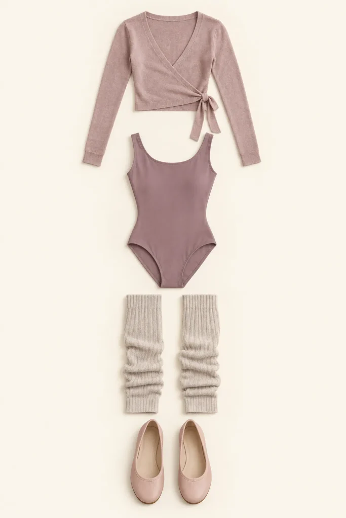 Balletcore clothing cues shown as a wrap cardigan, leotard, leg warmers and ballet flats.