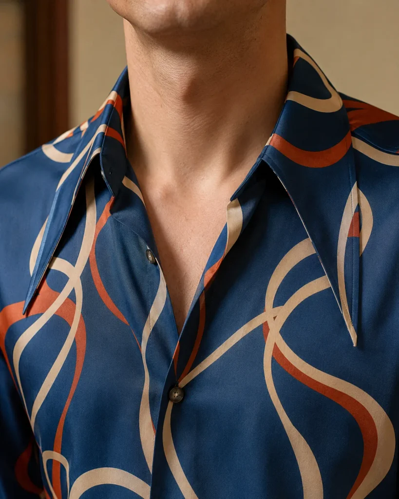 Close-up of a petrol-blue patterned shirt with a Barrymore collar, showing its long tapered points.