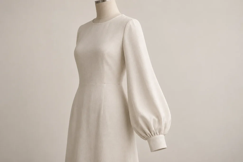 Bishop sleeve with a smooth sleeve cap, increasing fullness towards the wrist and fabric gathered into a fitted cuff.