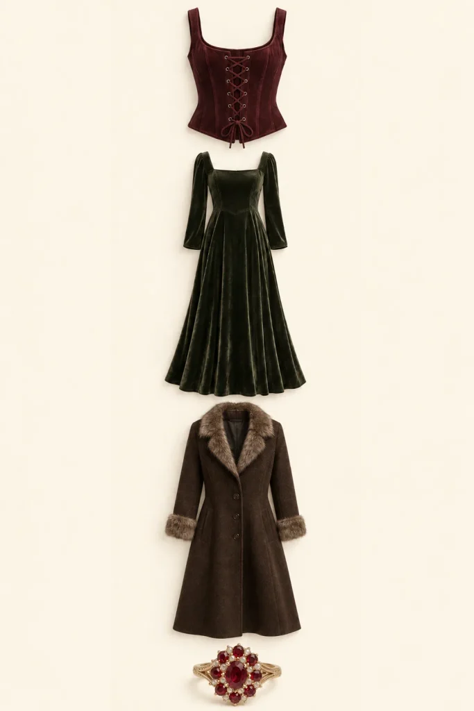 Castlecore clothing cues shown as a lace-up corset top, long velvet dress, faux-fur-trim coat and ruby cluster ring.