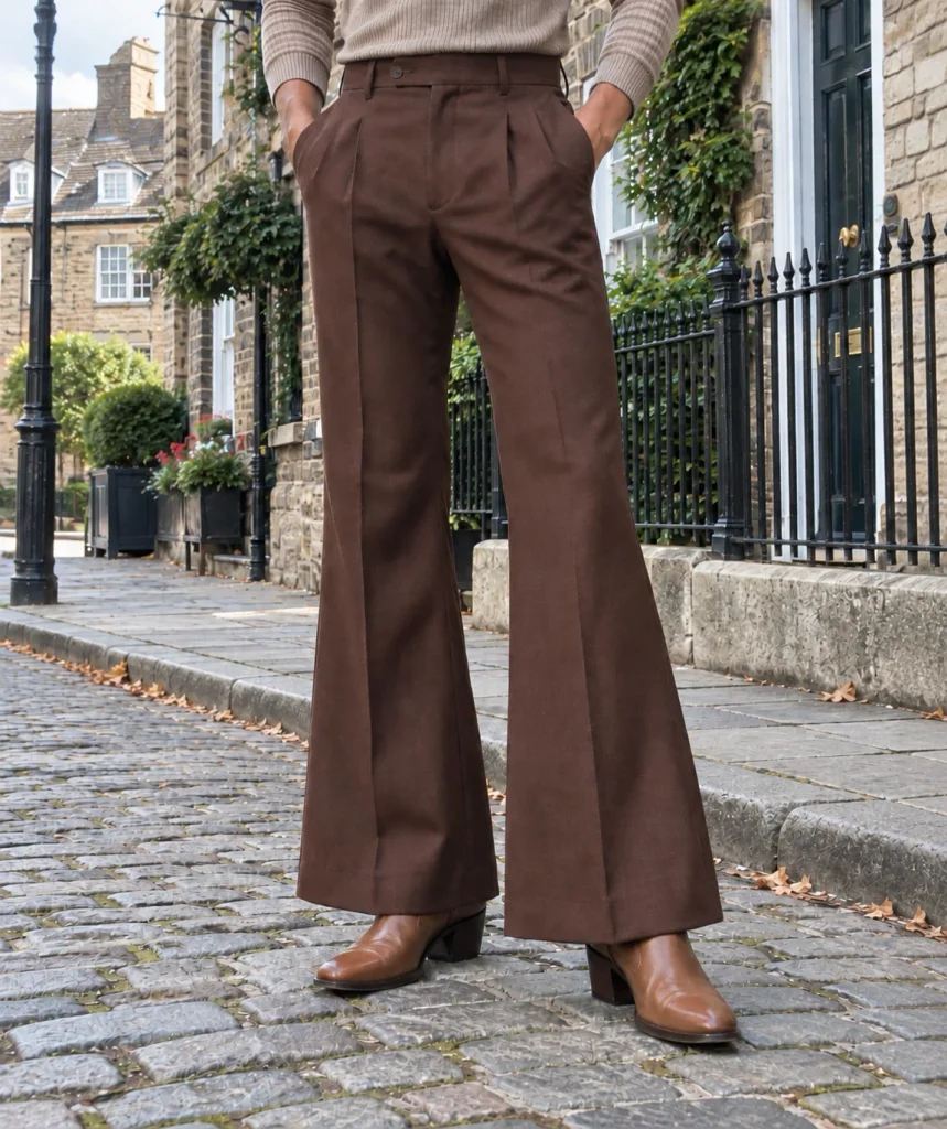 Full-length chocolate-brown high-waisted flared trousers worn with brown heeled boots.