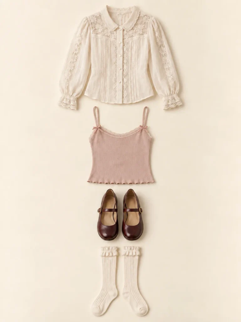 Coquette clothing cues shown as a lace blouse, ribbon-trim camisole, Mary Jane shoes and frilled knee socks.