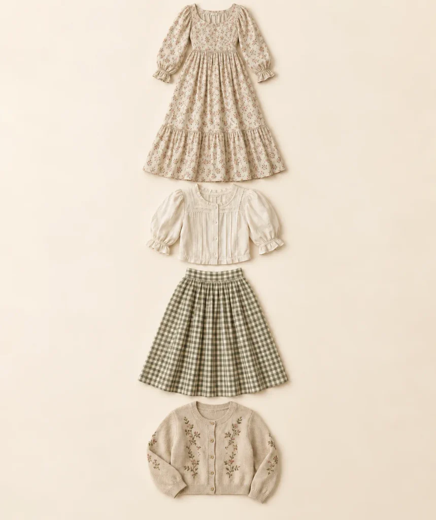 Cottagecore clothing cues shown as a prairie dress, puff-sleeve cotton blouse, gingham midi skirt and embroidered cardigan.