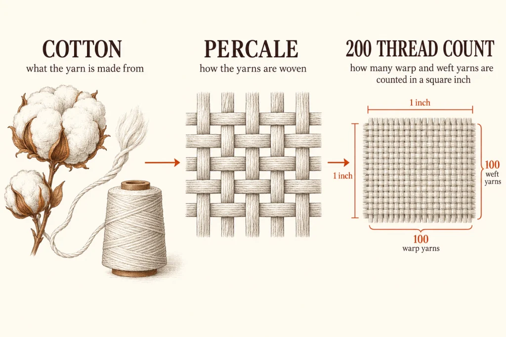 Diagram showing cotton as the fibre, percale as a one-over-one-under weave, and an example 200 thread count made from 100 warp and 100 weft yarns per square inch.