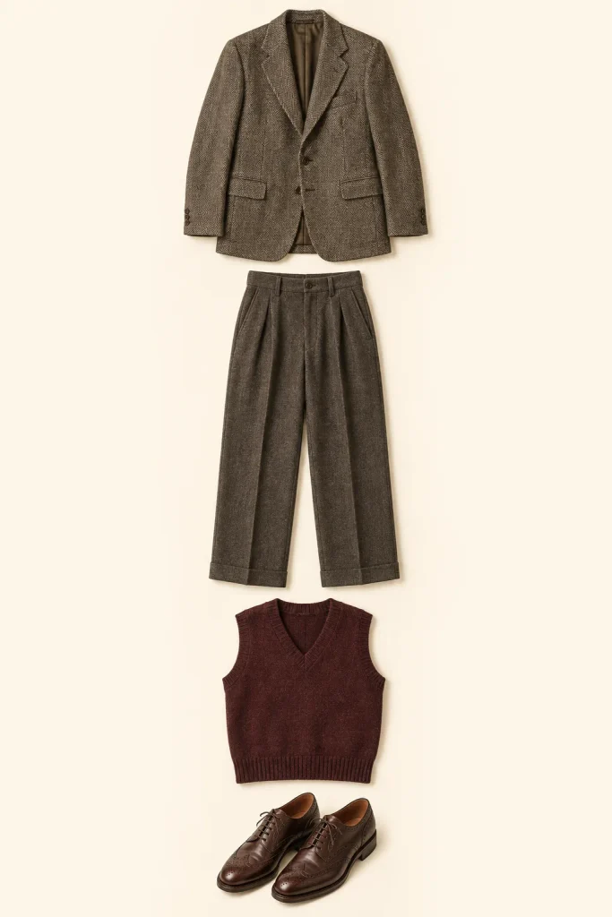 Dark academia clothing cues shown as a herringbone blazer, pleated wool trousers, sweater vest and leather brogues.