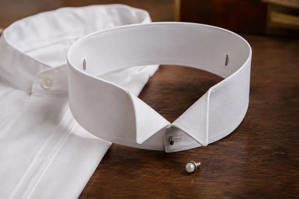 Stiff white detachable wing collar with two pointed front tips turned down beside a collarless white shirt.