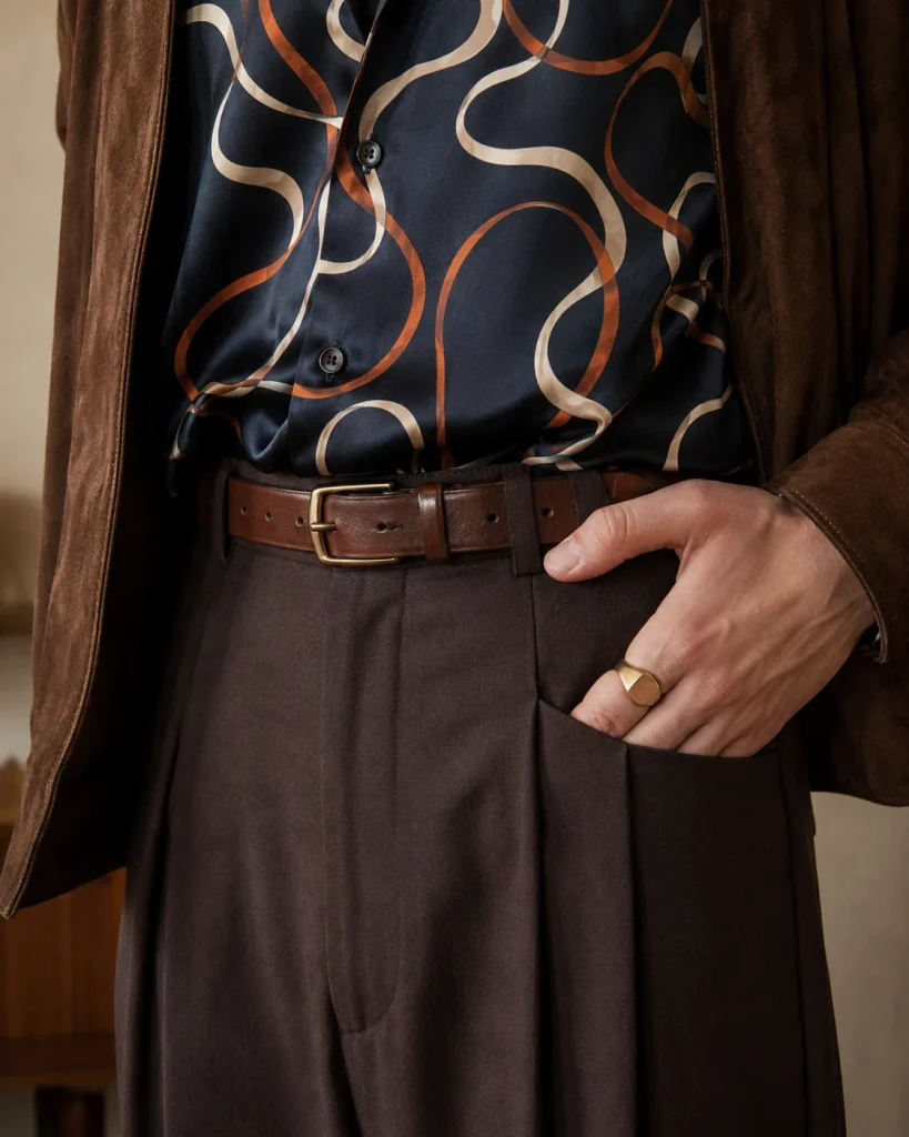 Close-up of a petrol-blue patterned shirt tucked into high-waisted chocolate trousers, with a brown leather belt, suede jacket and gold signet ring.