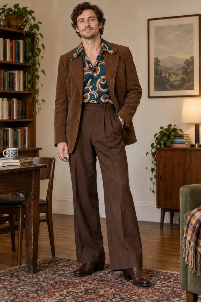 Full outfit with a petrol-blue patterned shirt, brown suede jacket, high-waisted chocolate trousers and burgundy heeled boots.