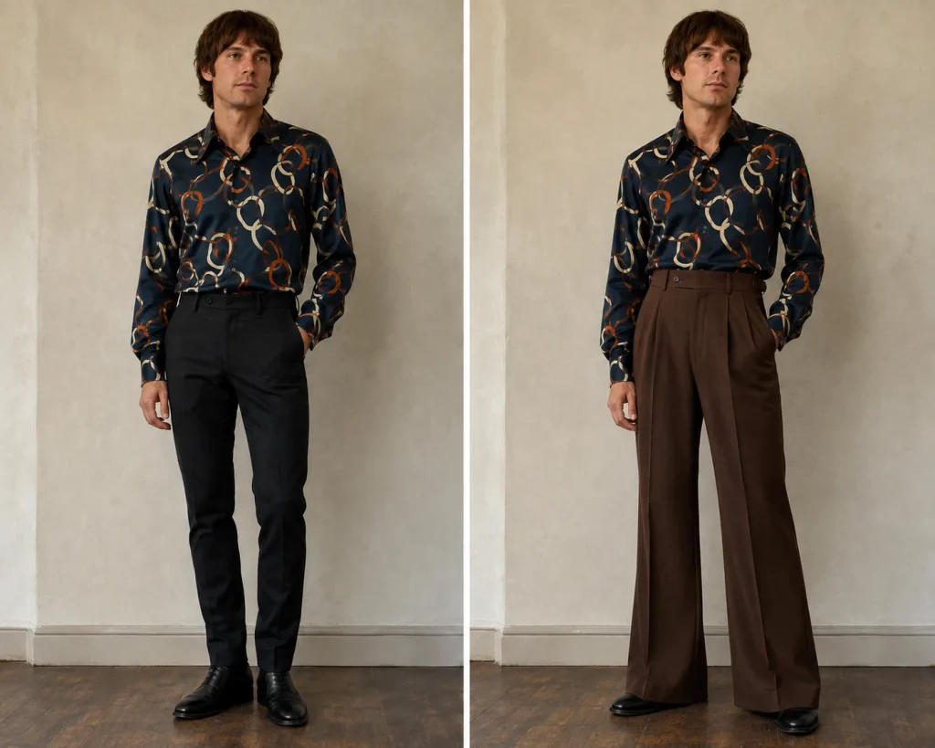 Side-by-side comparison of the same petrol-blue patterned shirt with narrow black trousers and fuller high-waisted chocolate-brown trousers.