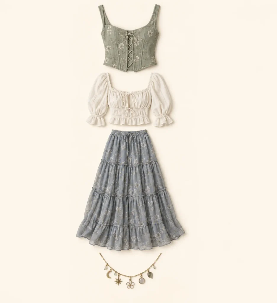 Fairycore clothing cues shown as a corset top, milkmaid blouse, tiered maxi skirt and charm necklace.