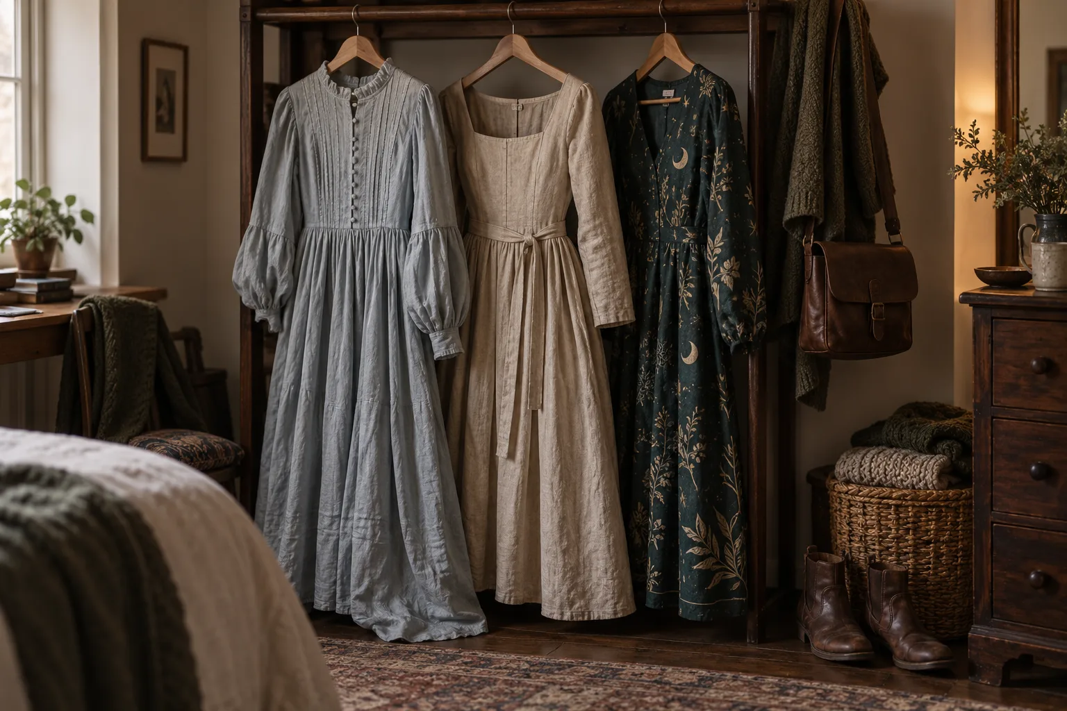 Three fantasy-inspired everyday garments hanging in a warm bedroom: a pintucked blue dress, a natural linen dress and a dark printed dress, with boots and a leather satchel nearby.