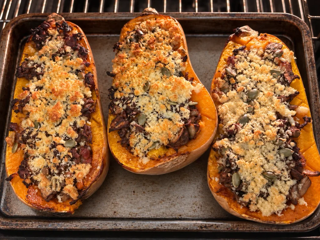 Three finished stuffed butternut squash halves with golden panko, Cheddar and pumpkin seed topping on a baking tray.