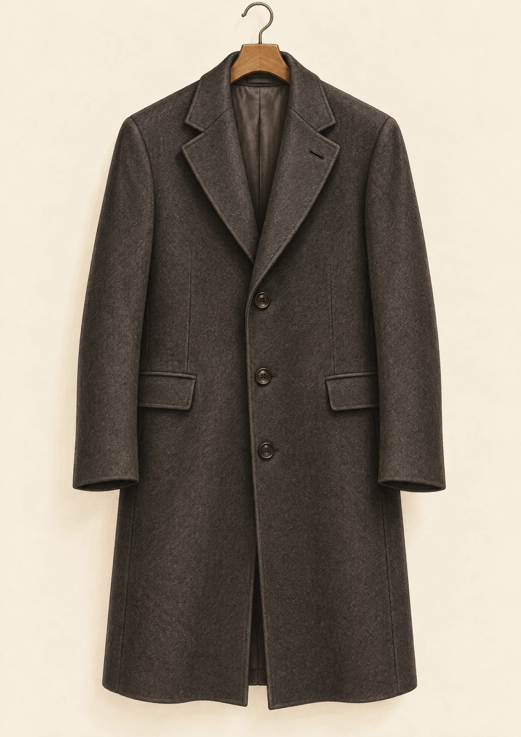 Front view of a dark tailored wool overcoat on a wooden hanger.