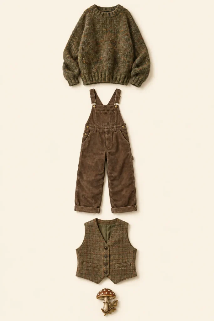 Goblincore clothing cues shown as an oversized knitted jumper, dungarees, vintage waistcoat and mushroom brooch.