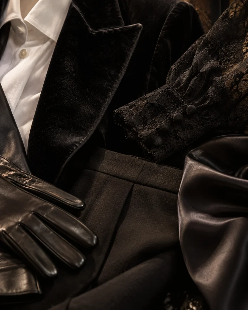 Close-up of black velvet, lace, polished leather, matte tailoring and white cotton showing contrasting textures.