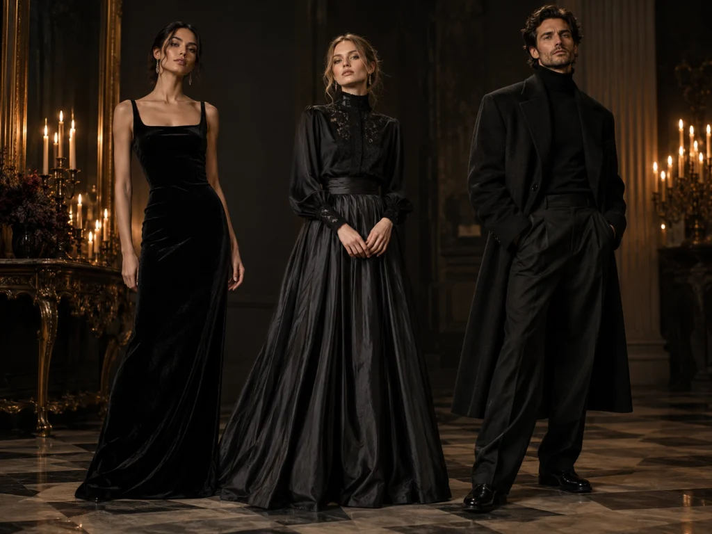 Two women in long black dresses and a man in a long dark coat and full trousers, showing different gothic evening silhouettes.