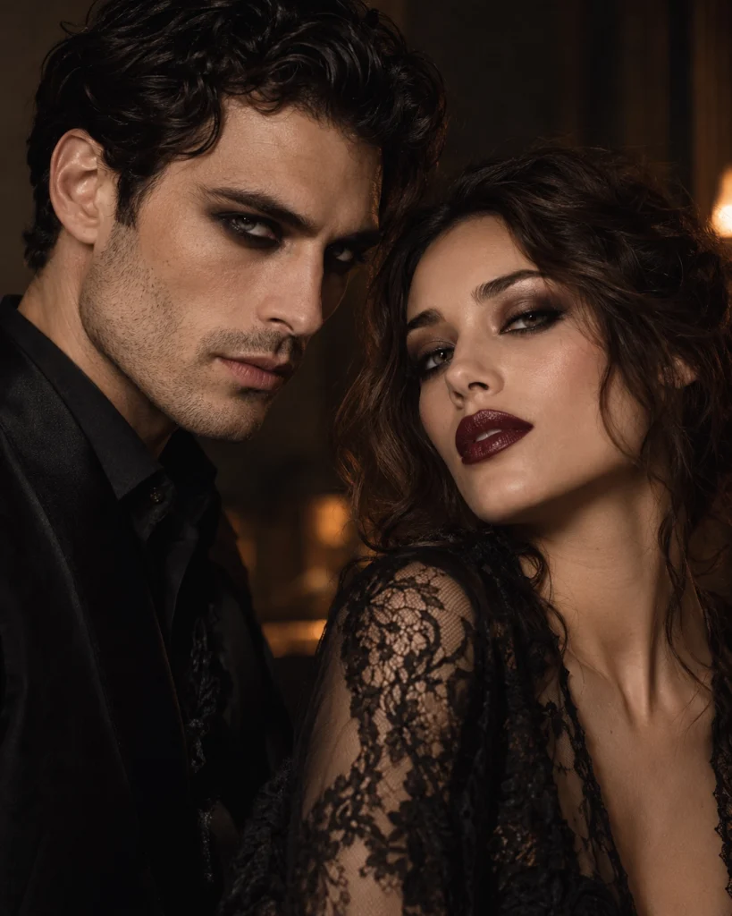 Man and woman wearing smoky dark eye makeup and eyeliner, with a deep berry lip on the woman.