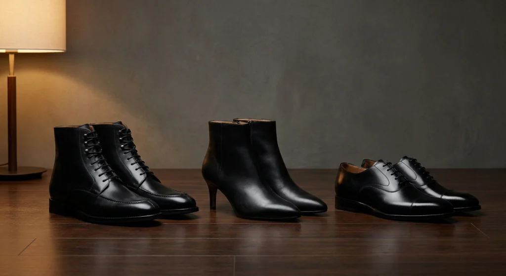 Polished black lace-up boots, heeled ankle boots and formal shoes for gothic Halloween eveningwear.