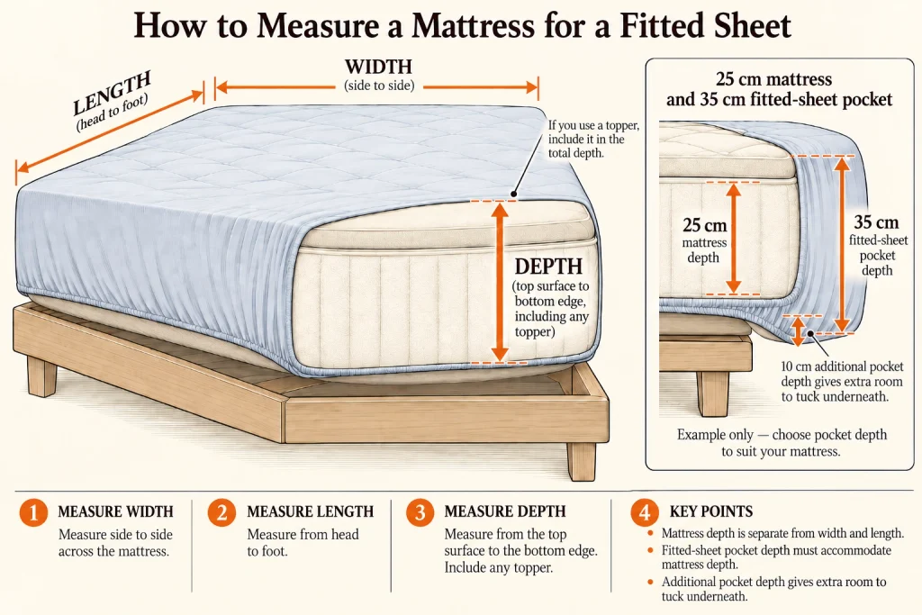 Diagram showing how to measure mattress width, length and depth for a fitted sheet, including a 25 cm mattress with a 35 cm sheet pocket.
