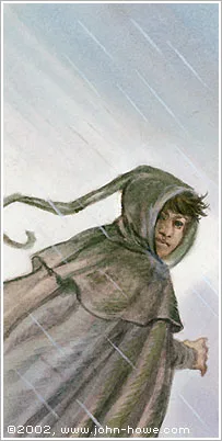 John Howe illustration of a hooded grey-green elven cloak worn in wind and rain.