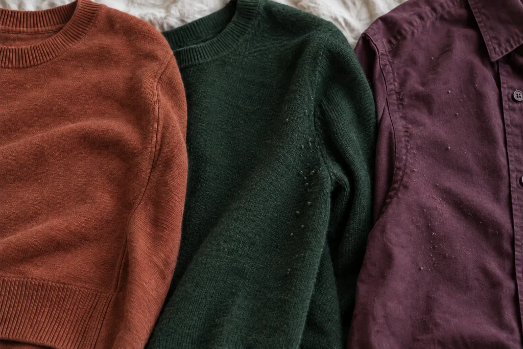 Close comparison of a smooth rust cotton jumper, a green cashmere jumper with fine pilling, and a plum polyester-viscose shirt with visible bobbling.