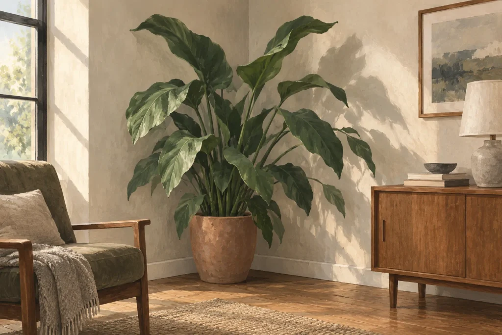 Illustration of a large broad-leaved plant form changing the silhouette and visual weight of a plain interior corner.