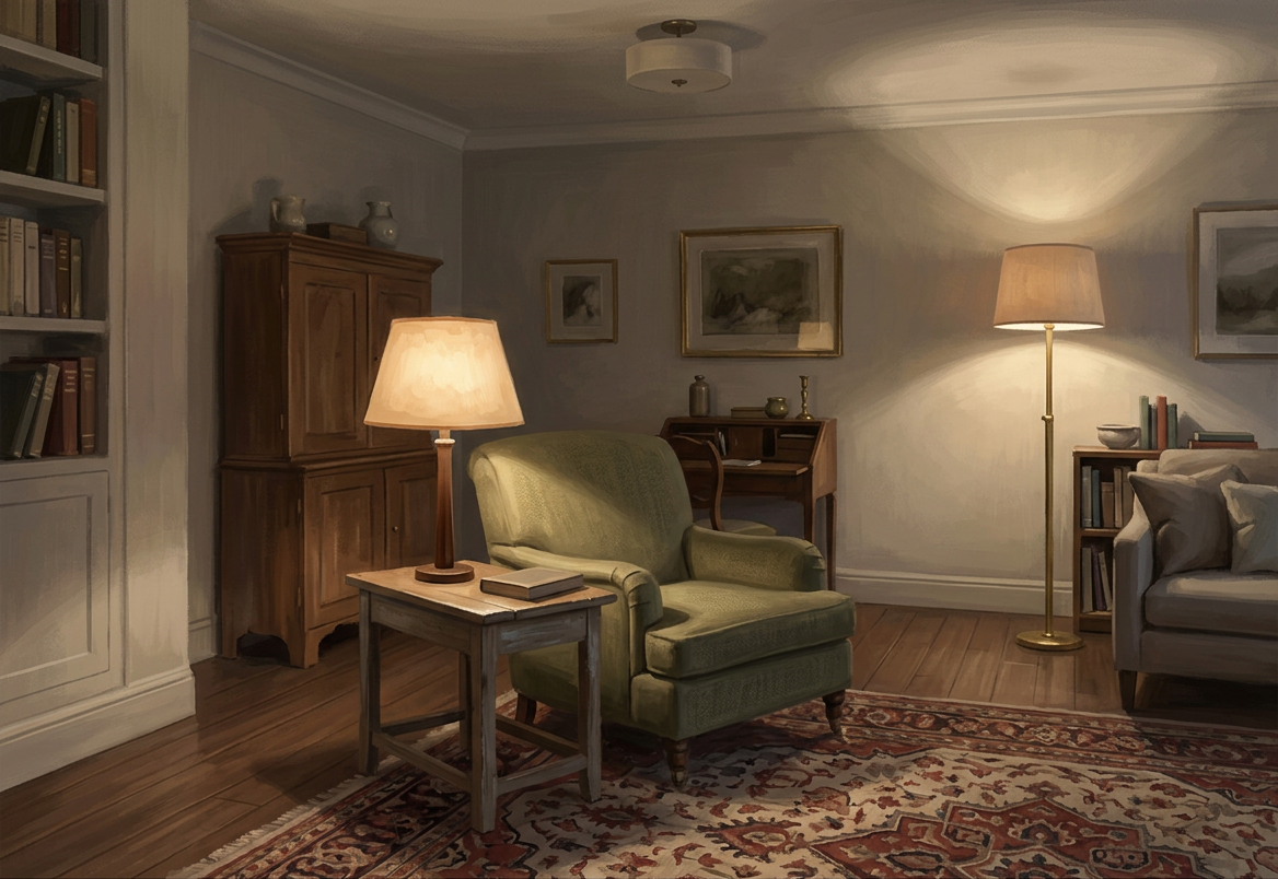 Illustrated sitting room lit by a table lamp and floor lamp creating separate pools of warm light with darker areas between them.