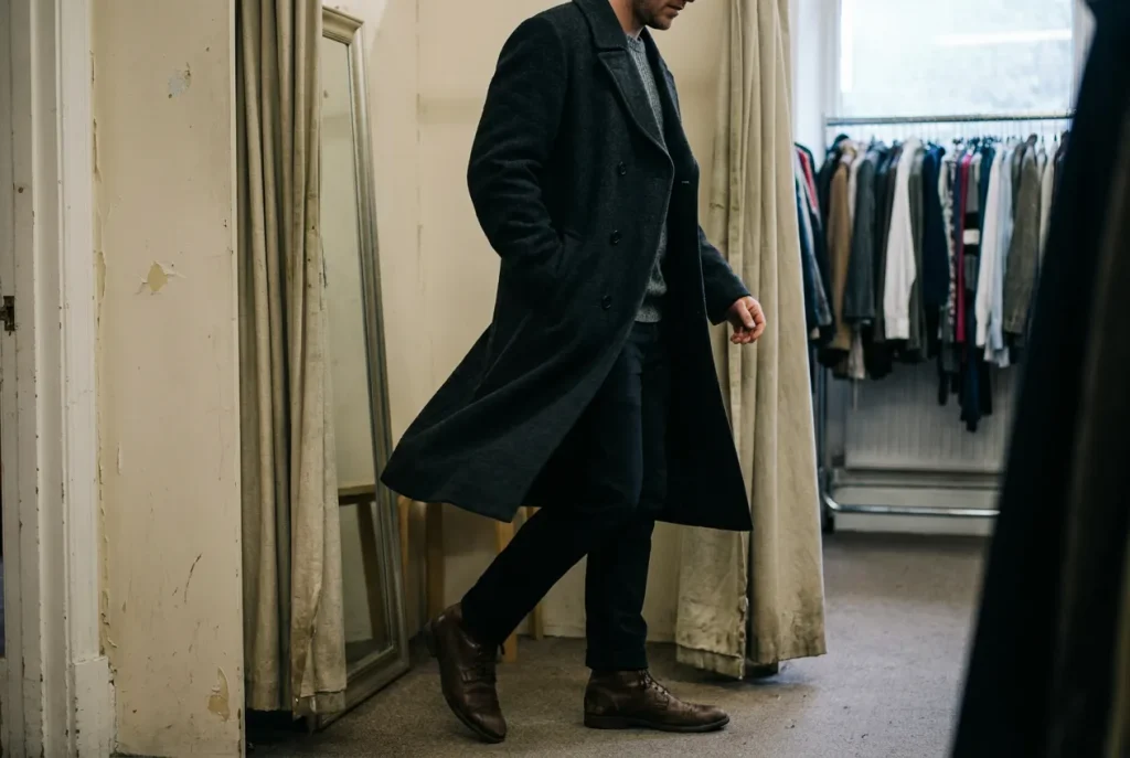 Long dark coat swinging away from the legs as it is tried on in a second-hand shop.