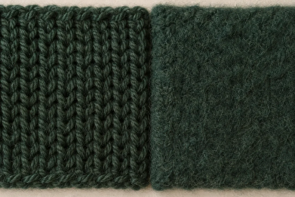 Close-up comparison of normal knitted wool and heavily felted wool.