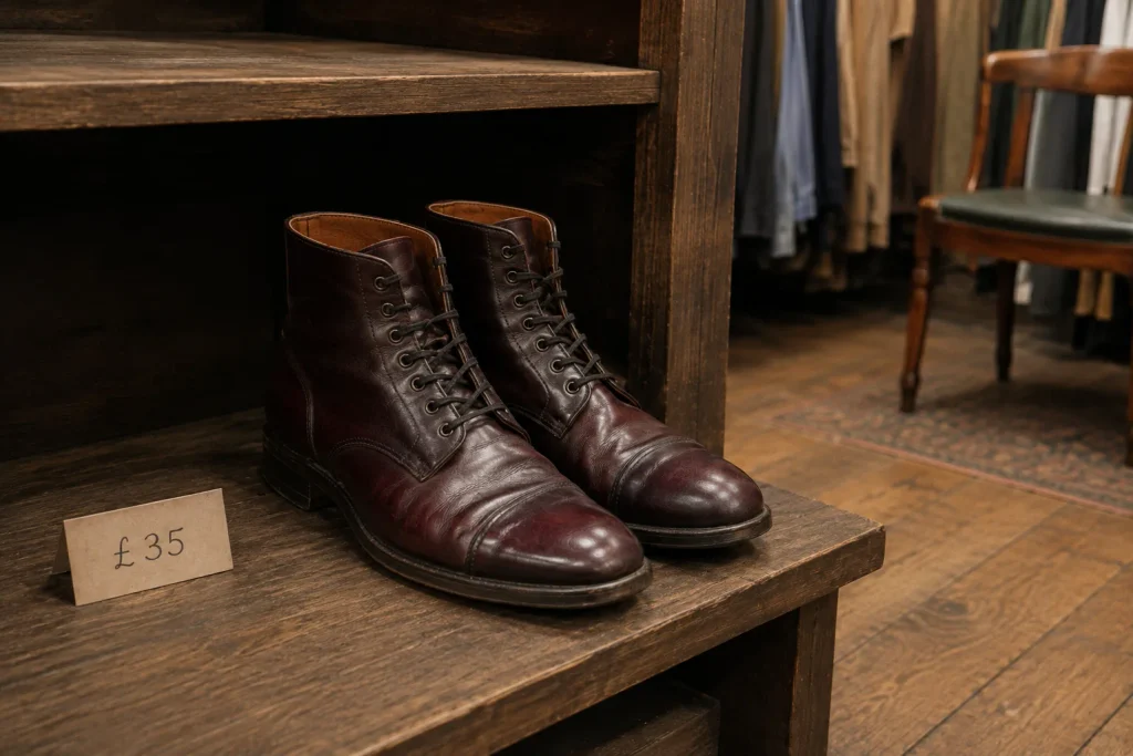 Oxblood leather cap-toe ankle boots priced at £35 on a low shelf in a pre-loved shop.